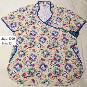 #1609 Adar Women's Asian Style Contrast Trim Scrub Top - Prints - Picture 1 of 6