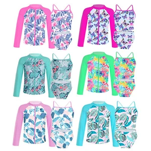 Kids Girls Swimming Costumes 3 Piece Tankini Set Long Sleeve Rashguard Swimsuit - Picture 1 of 53