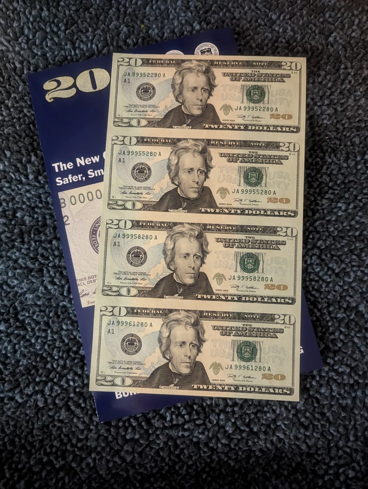 $ 20.00 NOTE UNCUT SHEET OF 4- 2009 BEP UNCIRCULATED CRISP FEDERAL RESERVE NOTES - Image 1 of 2