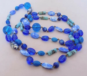 Vintage Shades of Blue Long Glass and Plastic Necklace 52" Artistic - Picture 1 of 4