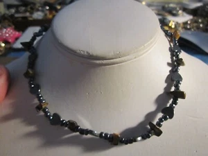 TIGERS EYE AND HEMATITE BEADED NECKLACE - 15" -OFC-T3 - Picture 1 of 3
