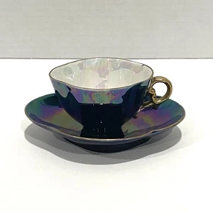 Antigua taza de té y platillo Sarreguemines Francia brillo iridiscente púrpura azul - Imagen 1 de 12