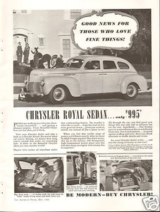 1940 Chrysler Royal Sedan LARGE Print Ad Be Modern-Buy Chrysler! - Picture 1 of 1