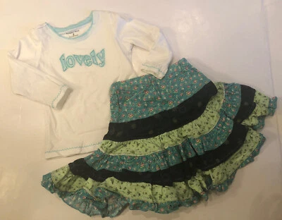 EUC Pumpkin Patch Boutique Girl Floral Aqua Blue Shirt Skirt Set Sz 2 2T - Image 1 of 4