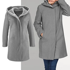 warmer Mantel Gr.34/36 Wintermantel Boucle wattiert Wollmantel JACKE Kapuze grau - Bild 1 von 9