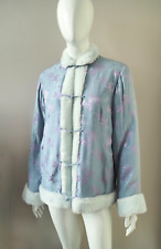 SHANGHAI TANG blue silk rayon jacket faux fur trim mandarin oriental UK10