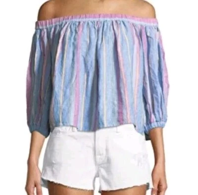 Рама Размер S Полосатый Льняной Верх С Плеча Крестьянская Кокетка Бохо Негабаритный - Изображение 1 из 4