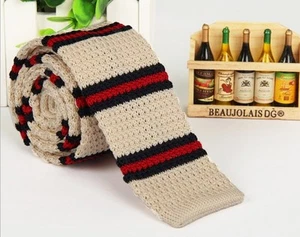 Men's Beige Red Striped Knit Knitted Tie Necktie Narrow Slim Skinny Wove ZZLD304 - Picture 1 of 2