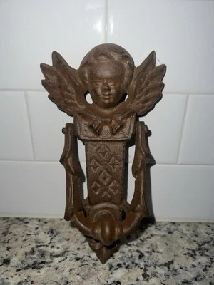 Llamador de puerta de ángel querubín vintage hierro fundido metal marrón Foto 1 de 4