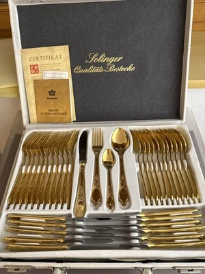 SBS Solingen 82-tlg. Besteckset 23/24K Hartvergoldet 12 Personen m. Koffer Top! - Bild 1 von 4