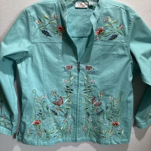 Quacker Factory Pearly Floral Embellished Zip Front Jacket aqua Size Large - Picture 1 of 20