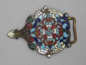 Antique 19C Victorian Era Ornate Enamel & Brass Belt Buckle Only Half! - Picture 1 of 7