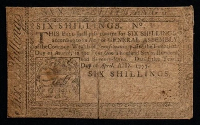 4/10/1777 Six Shillings Pennsylvania VF Colonial Currency! - Image 1 of 2
