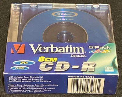Verbatim CD-R Datalife 8 cm (Speed 24X)  210MB mini size CD - Brand New.  5 Pack - Image 1 of 3