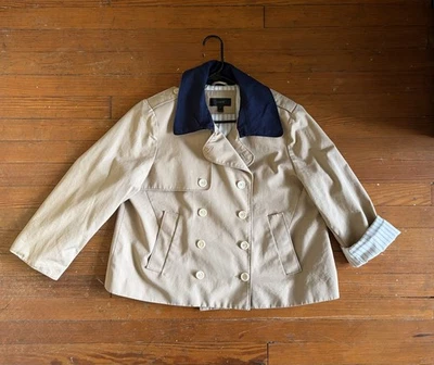 J.Crew Khaki Cropped Cotton Trench Coat With Built-In Navy Striped Sleeves 16 - Image 1 of 4
