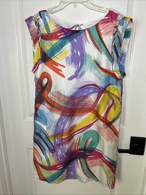 Mini Vestido Tibi Para Mujer 8 Seda Forrado Manga Recortada Cambio Abstracto Colorido Retro Foto 1 de 4