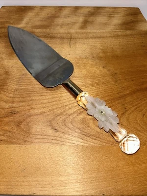 Cake Pie Server SS Crystal & Lucite (?) Flower Handle MCM Wedding Holiday Gift - Image 1 of 4