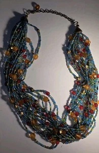 Collar Boho Tribal Color Ámbar Azul Cuentas Multi Hilo Distintivo 18 pulgadas - Imagen 1 de 9