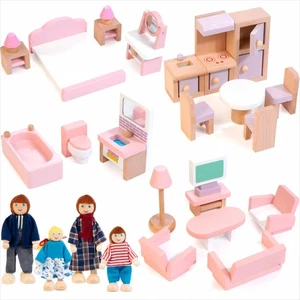 Kizfarm Holz Puppenhaus Möbel Set mit 4 Familienpuppen, 26 Teile Pretend Pl... - Bild 1 von 7