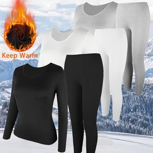 Conjunto de ropa interior térmica de invierno para mujer Johns cuello redondo informal top y pantalón - Imagen 1 de 22