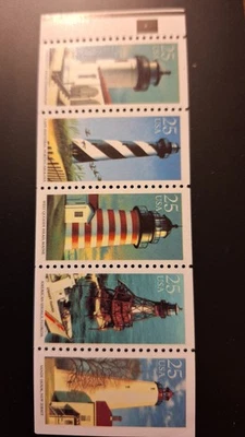 U.S. Stamp Scott# 2470-2474, Bklt. Pane, 25c, M/XF/NH, 5ct, Lighthouses, 1990 - Image 1 of 2