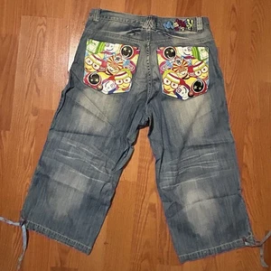 Y2K Miskeen Denim Jean Shorts Size 34 Blue Long Capri Baggy Skate Streetwear - Picture 1 of 12