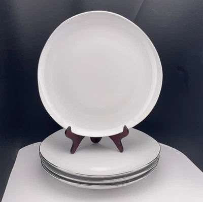 West Elm 4 Organic Shaped White w/Silver Trim Porcelain Dinner Plates 11-1/4” - Image 1 of 4