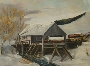 AMERICAN A. BENTLEY Sd ORIGINAL O/B EARLY 1900's WINTERSCAPE LOGGING MILL - Picture 1 of 12
