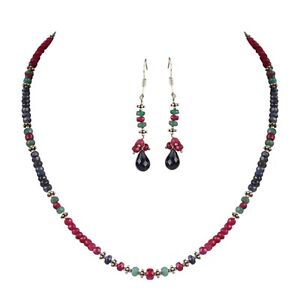 90.35Ct Natural Emerald, Sapphire & Ruby Faceted Beaded Necklace With Earrings