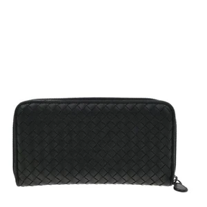 BOTTEGA VENETA Intrecciato Cremallera Alrededor Cartera Larga Cuero Negro Italia 67EE081 - Imagen 1 de 13