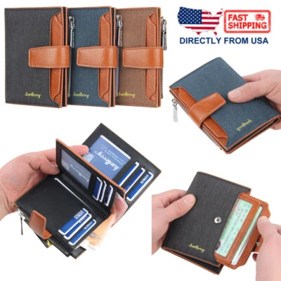 Canvas Mens Leather Wallet Credit Card Holder Zipper Pocket Cash Purse Billfold - Image 1 of 4
