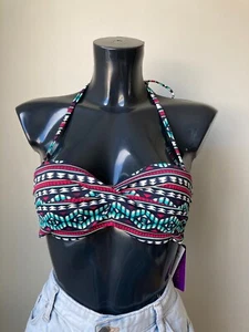 LASCANA Push-up Bikini Top Womens Size 12 Cup A Black Colourful Printed Padded - Picture 1 of 7