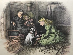 1881 THOMAS NAST HARPER’S WEEKLY CHRISTMAS GRAVUR KINDER MOPS HUND (GRÜN) - Bild 1 von 2