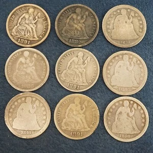 Assorted Lot of Nine Seated Liberty Dimes - Free Shipping USA - Picture 1 of 3
