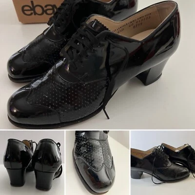VTG 1940-50s Granny Shoes Lace Up Patent Leather Black Heel Size 6.5 CUTE ! - Image 1 of 4