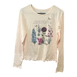 Awake Light Pink Butterfly Flowers  Long Sleeve  Tee with Lettuce Trim Womens XL - Picture 1 of 3