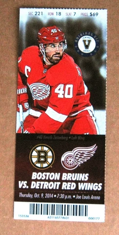 Red Wings Henrik Zetterberg Wings Game ticket stub Oct 9, 2014 $69 face value Cover