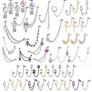 Chain Linked Cartilage Tragus Earring - Helix Top Upper Ear Bar Stud Labret - Picture 1 of 37