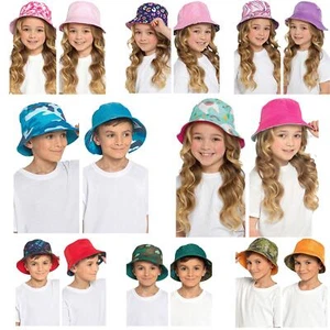 Kids Reversible Bucket Hat Summer Foldable Polyester Sun Protection Hiking Hat - Picture 1 of 9