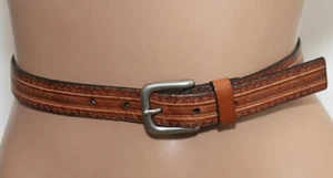 DOCKERS Tan Tooled & Stitched Leather Belt - Silver Buckle SIZE M/L - 38" Long - Picture 1 of 6