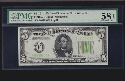 US 1934 $5 FRN Atlanta LGS FR 1955-F PMG 58 EPQ Ch AU (908) - Image 1 of 2