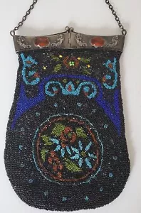 Antique Beaded Purse Bag Topaz Gem Silver Box Style Frame - Picture 1 of 6