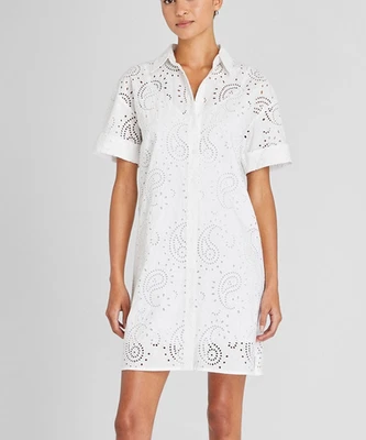 CLUB MONACO White Embroidered Eyelet Short Sleeve Mini Shirt Dress S - Image 1 of 4