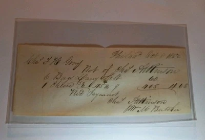 RARE Pre-Civil War Note 1856 PAYMENT RECEIPT   1862 " PAYMENT/RECEIPT"  $4.65 - Image 1 of 4