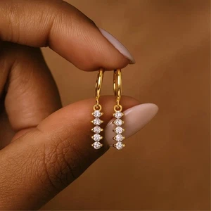 0.15 CT Round Cut VS/SI Lab Grown Diamond Dangle Hoop Earring 10k Yellow Gold - Picture 1 of 6