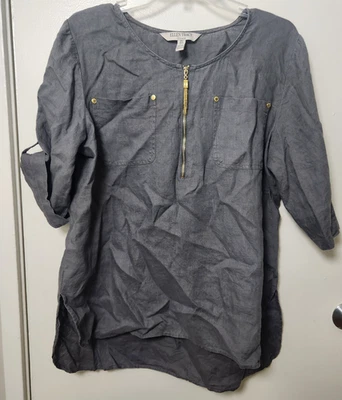 Túnica grande Ellen Tracy para mujer de lino con lengüeta enrollable cuello redondo cremallera dorada gris Foto 1 de 4