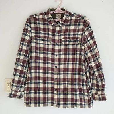 Camisa masculina de flanela LL Bean Shacket azul vermelha xadrez forrada de lã jaqueta de bolso - Imagem 1 de 4