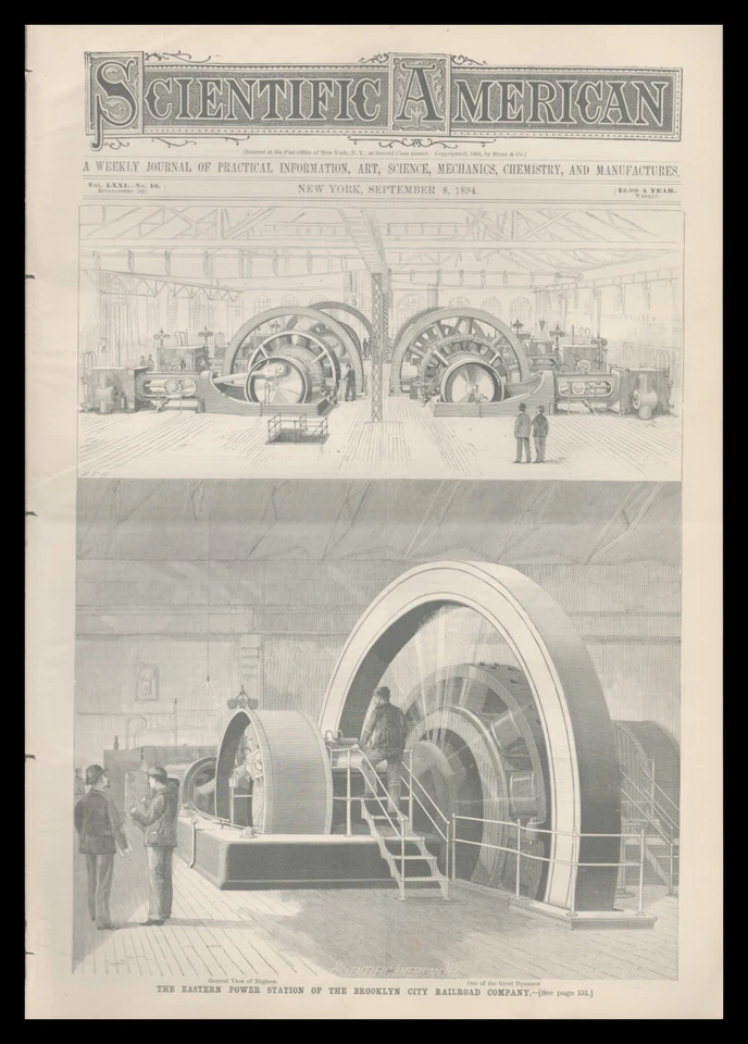 Scientific American 09/08/1894 Power Station Bklyn RR pt1/Aquatic Tricycle - Image 1 of 1