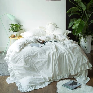 Vintage Ruffled Duvet Cover King 100% Washed Cotton Cute Lace Duvet Cover 3 P... - Picture 1 of 7