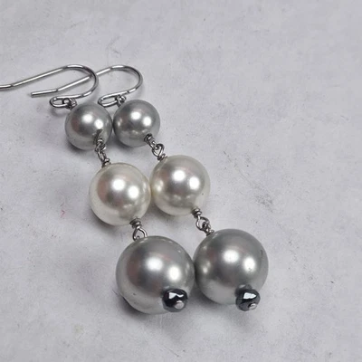 Sterling Silver 925 Triple White Gold Round Faux Pearl Dangle Drop Earrings 2" - Image 1 of 2